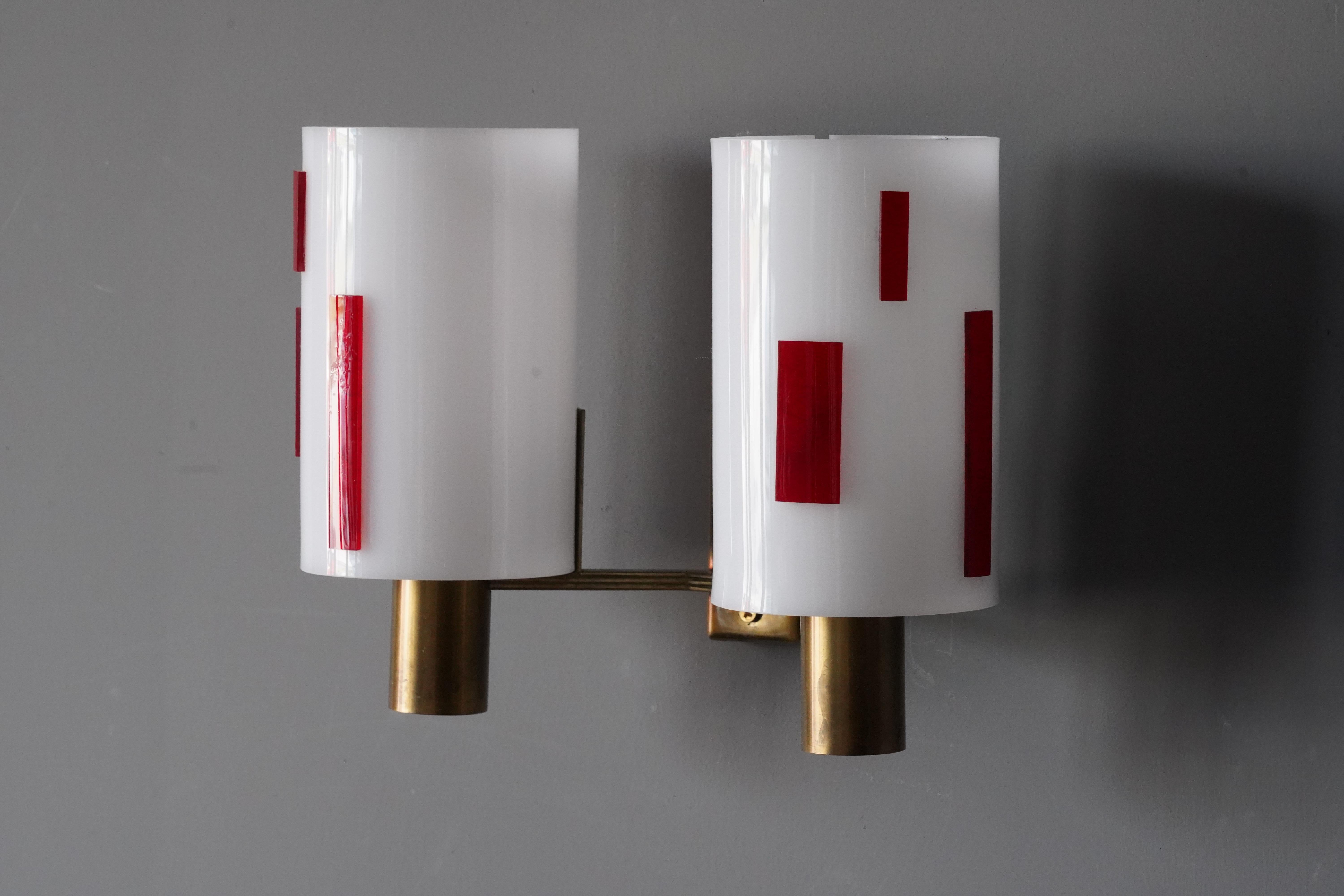 Mid-Century Modern Swedish Designer, Wall Lights, Brass, Red White Acrylic, Sweden, 1960s For Sale