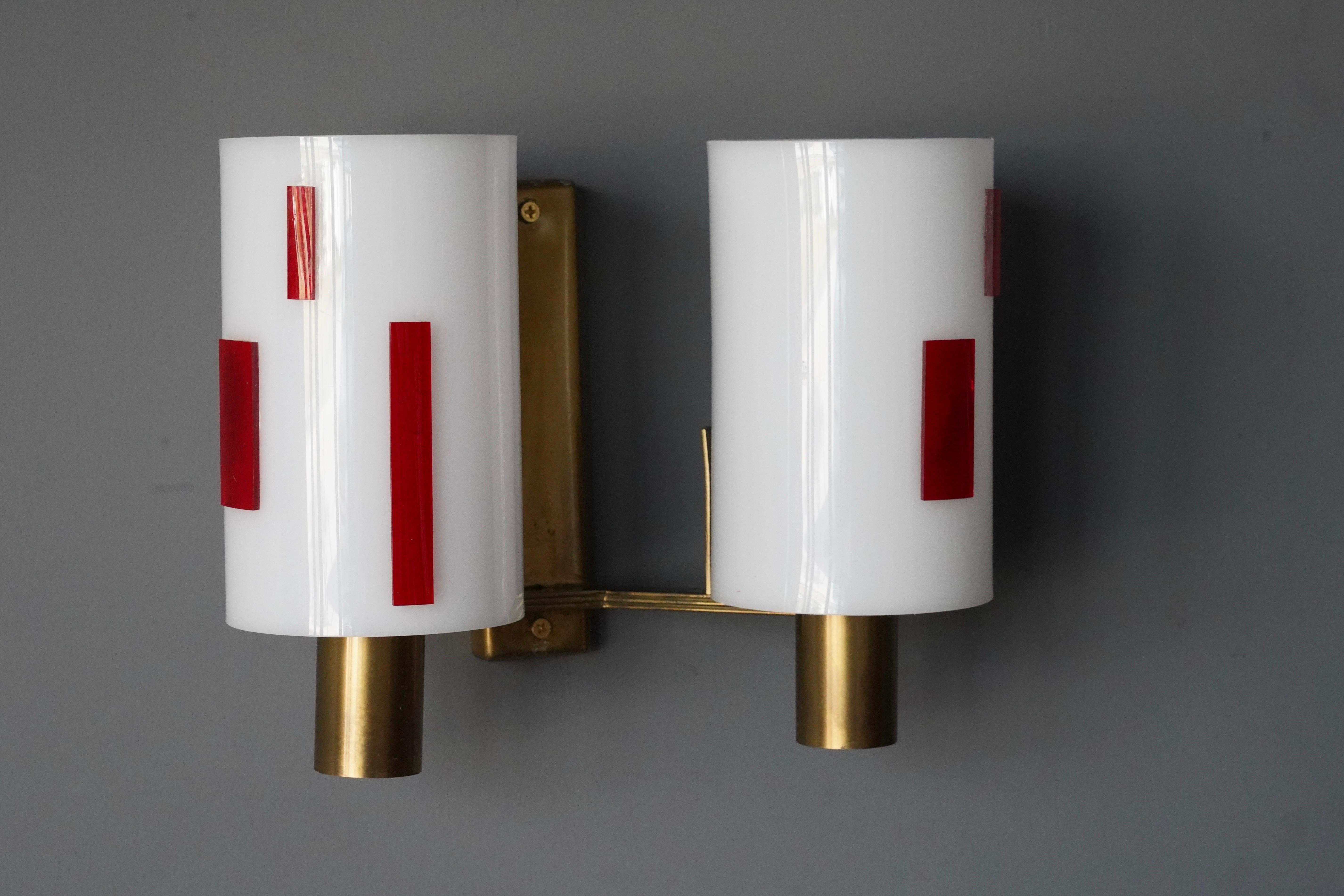 Swedish Designer, Wall Lights, Brass, Red White Acrylic, Sweden, 1960s In Good Condition For Sale In High Point, NC