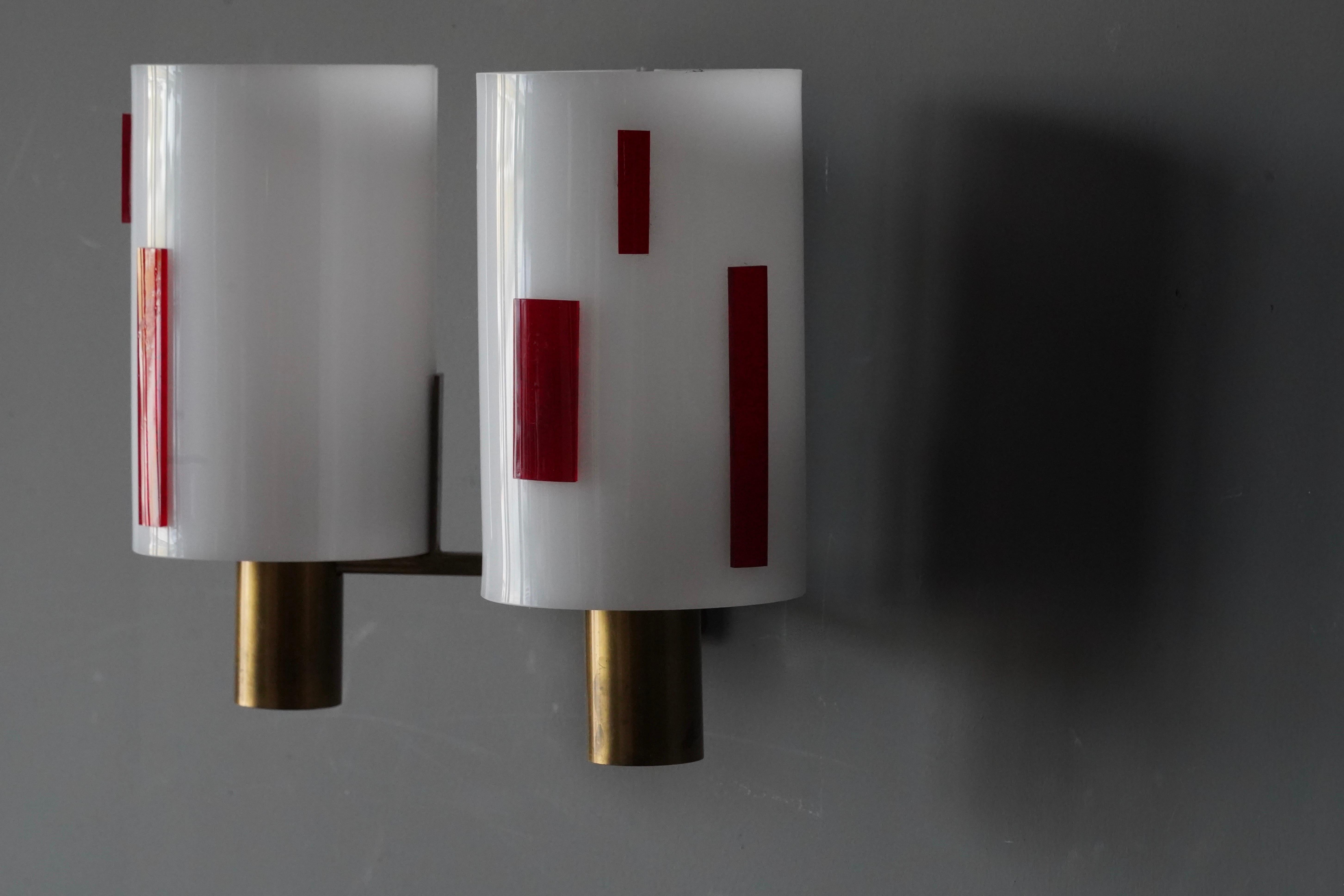 Mid-20th Century Swedish Designer, Wall Lights, Brass, Red White Acrylic, Sweden, 1960s For Sale