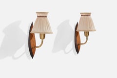Swedish Designer, Wall Lights, Brass, Teak, Fabric, Sweden, 1950s