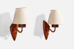 Schwedischer Designer, Wall Lights, Messing, Teakholz, Stoff, Schweden, 1950er Jahre