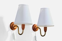Swedish Designer, Wall Lights, Brass, Teak, Fabric, Sweden, 1950s
