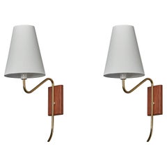 Design svedese, lampade da parete, ottone, teak, tessuto, Svezia, anni '50