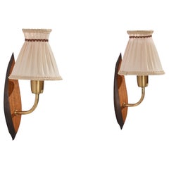 Swedish Designer, Wall Lights, Brass, Teak, Fabric, Sweden, 1950s