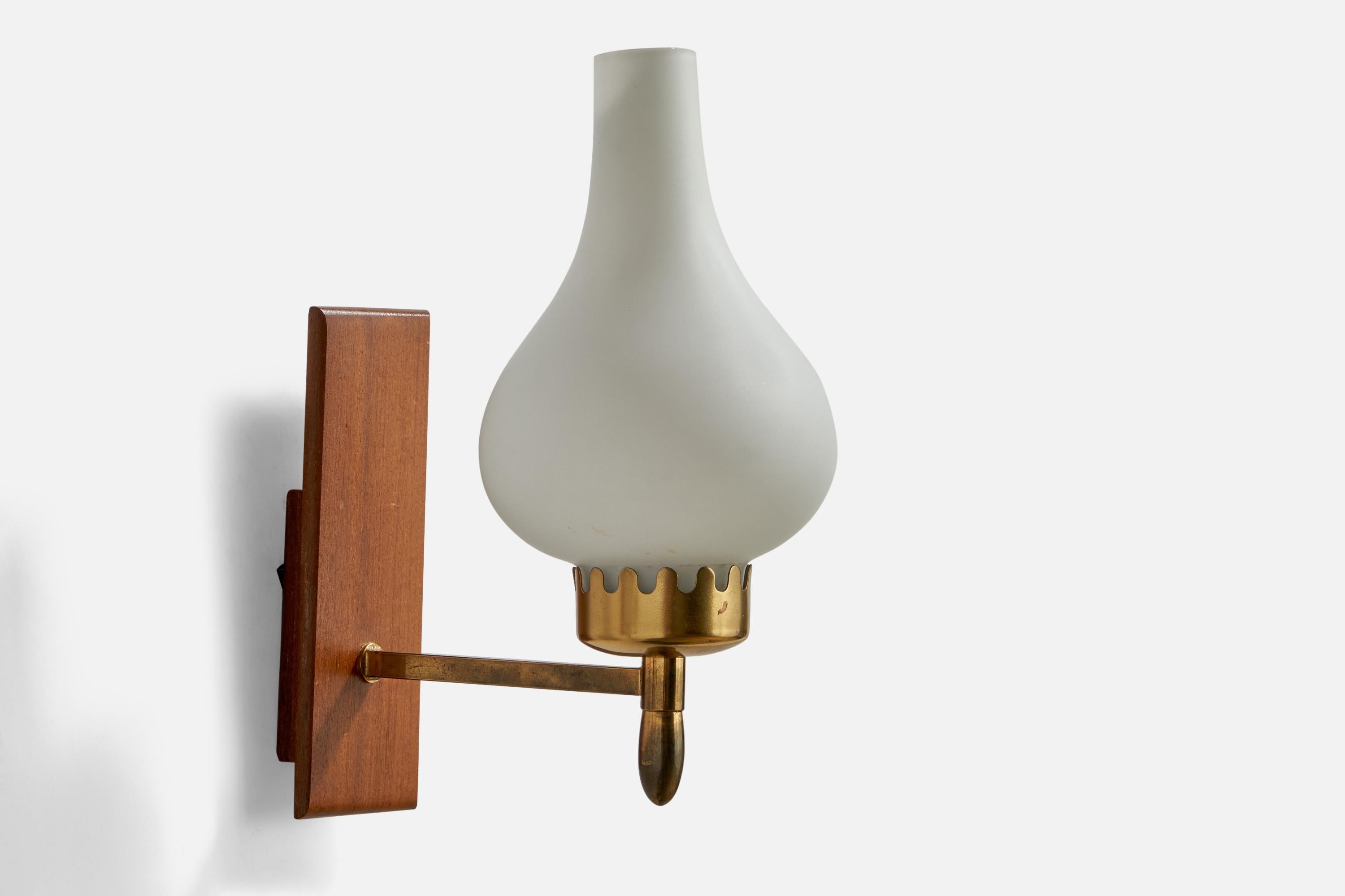 Swedish Designer, Wall Lights, Brass, Teak, Glass, Sweden, 1940s In Good Condition For Sale In High Point, NC