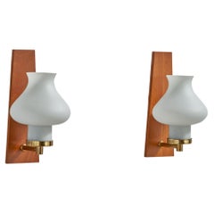 Swedish Designer, Wall Lights, Brass, Teak, Glass, Sweden, 1940s