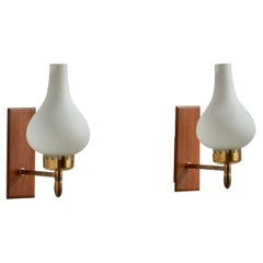 Swedish Designer, Wall Lights, Brass, Teak, Glass, Sweden, 1940s