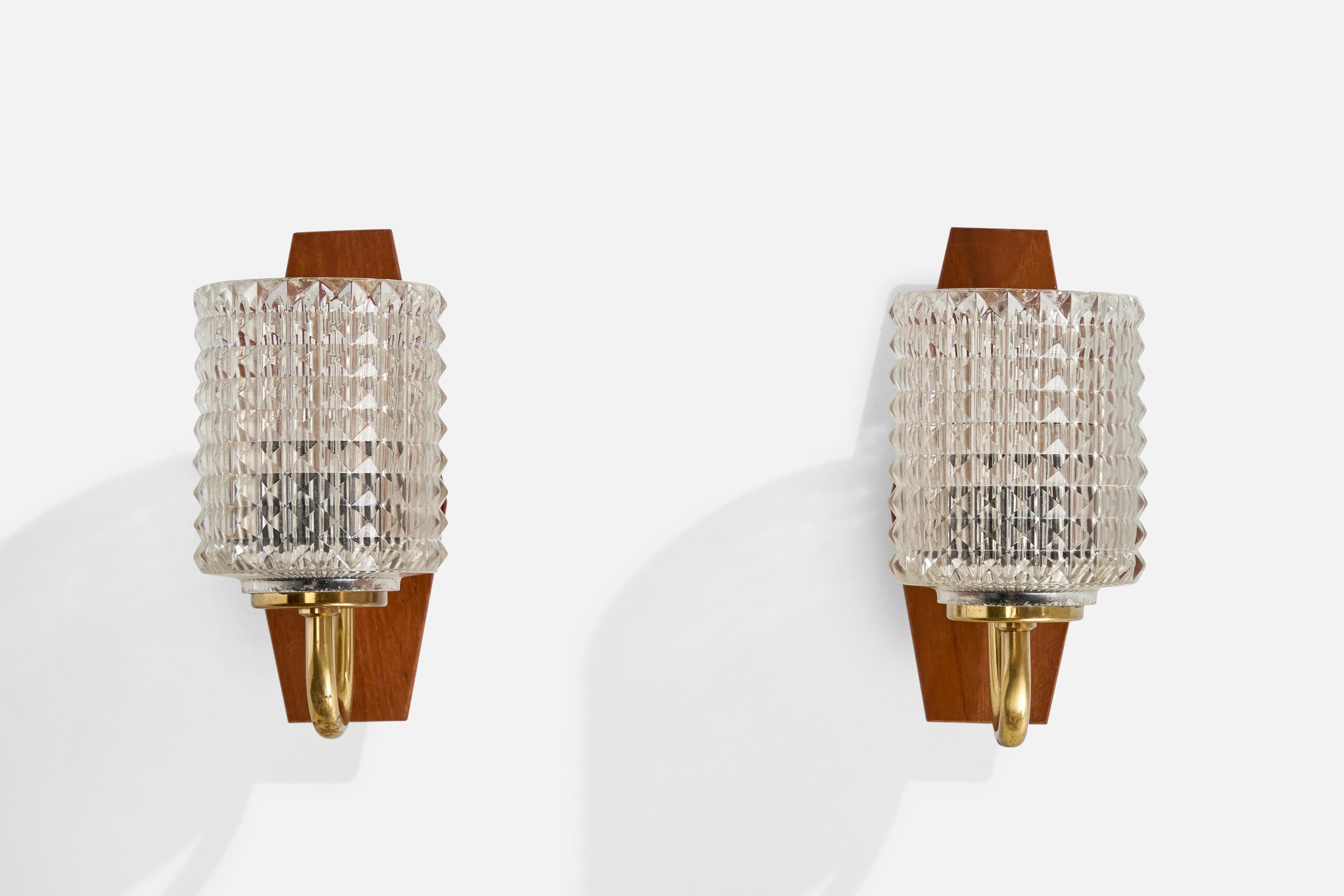 Mid-Century Modern Swedish Designer, Wall Lights, Brass, Teak, Glass, Sweden, 1950s For Sale