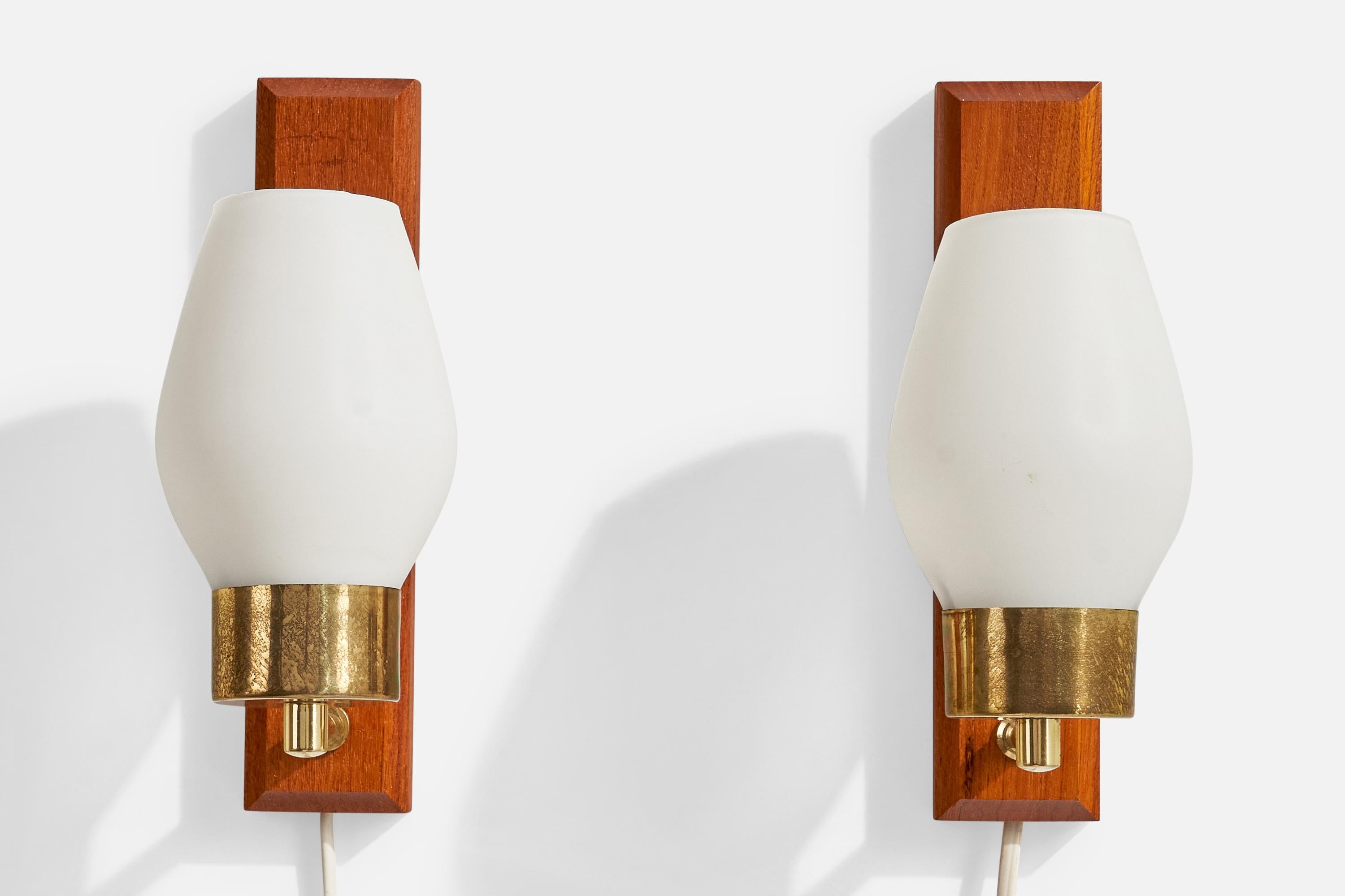 Scandinavian Modern Swedish Designer, Wall Lights, Brass, Teak, Glass, Sweden, 1950s For Sale