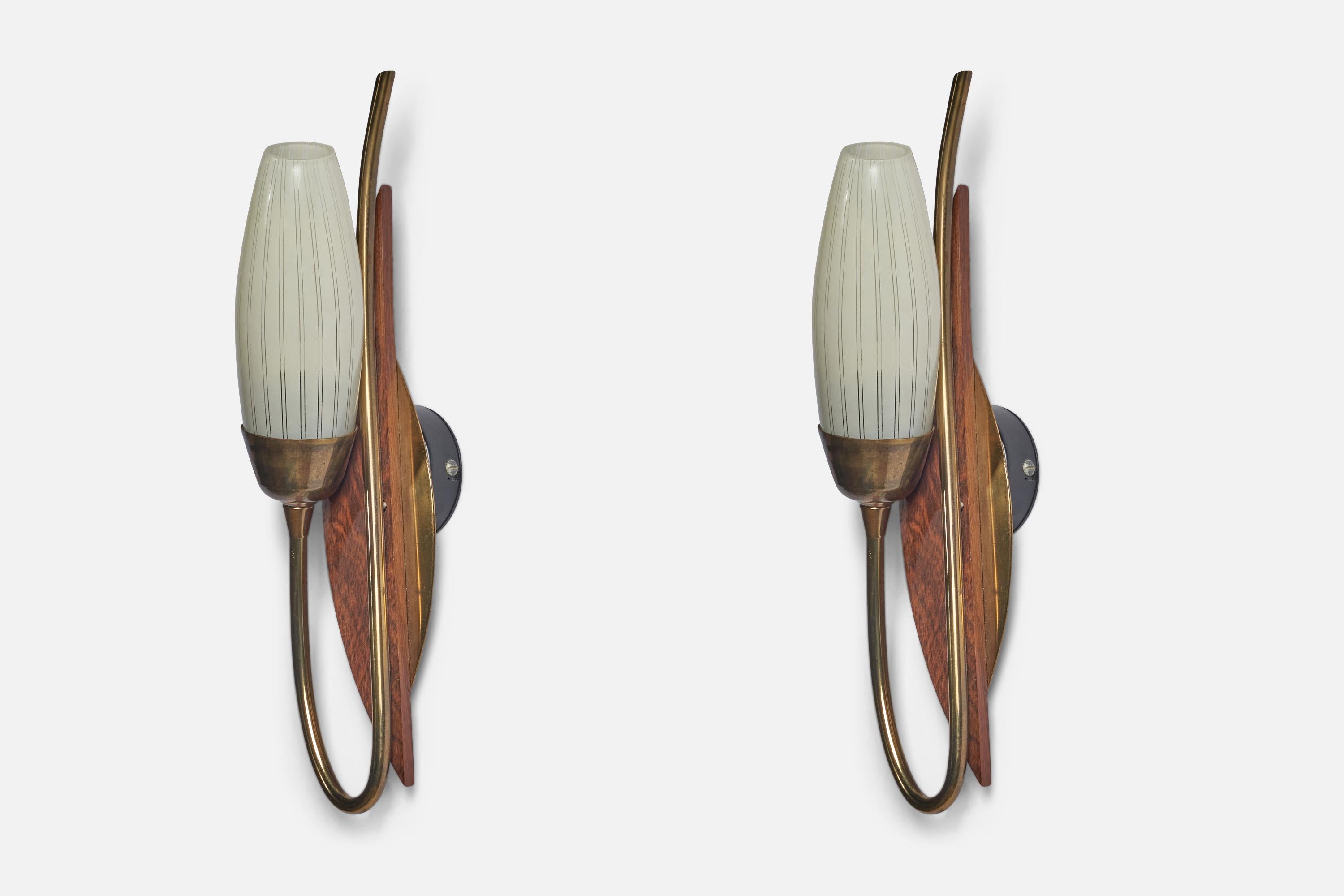 Swedish Designer, Wall Lights, Brass, Teak, Glass, Sweden, 1950s In Good Condition For Sale In High Point, NC
