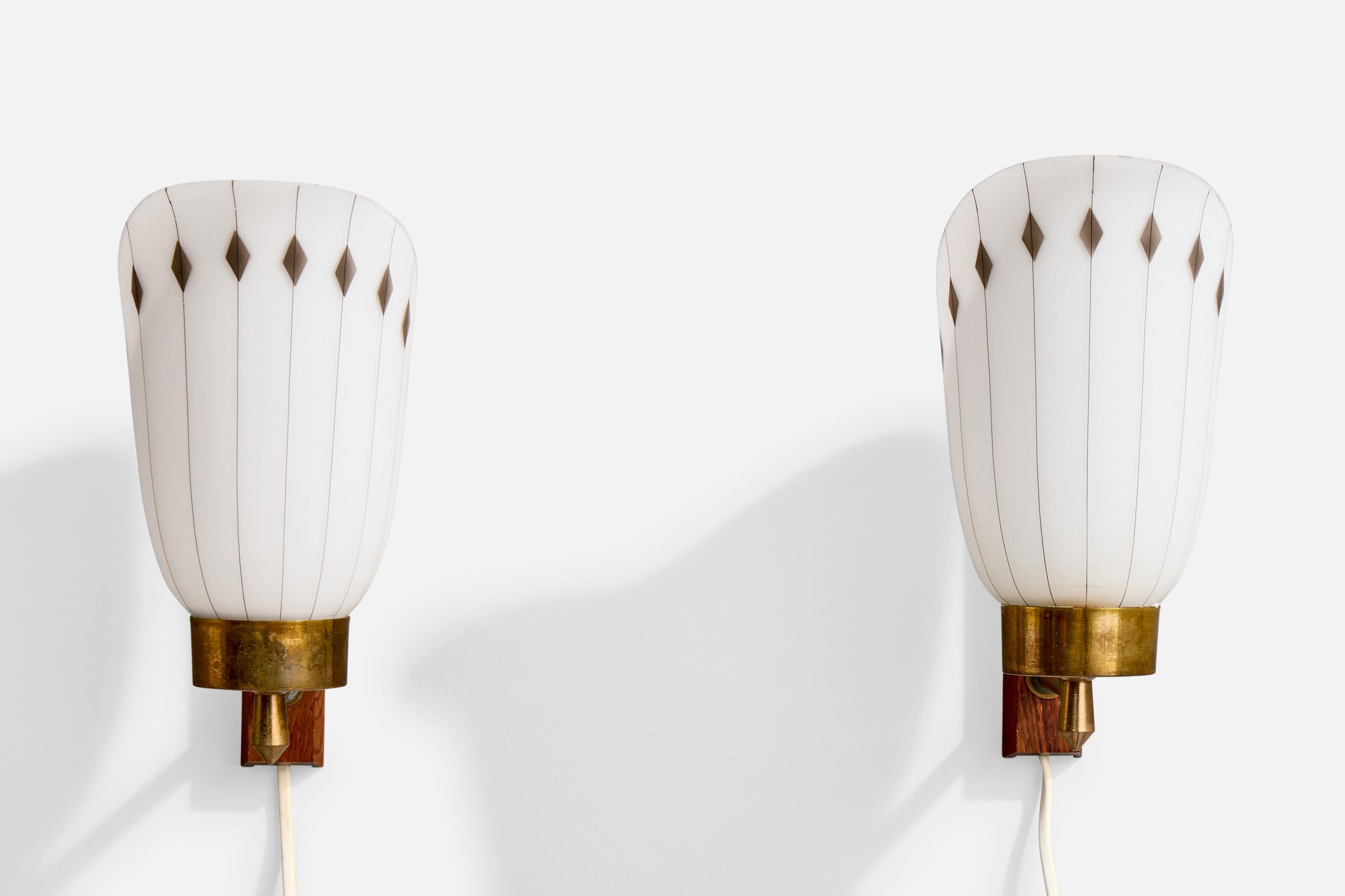 Swedish Designer, Wall Lights, Brass, Teak, Glass, Sweden, 1950s In Good Condition For Sale In High Point, NC