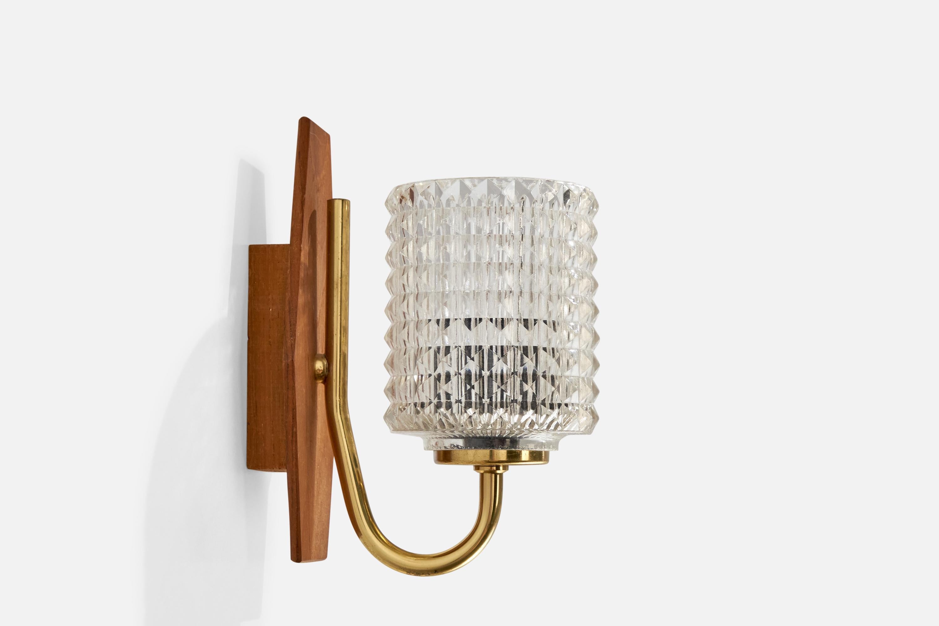 Mid-20th Century Swedish Designer, Wall Lights, Brass, Teak, Glass, Sweden, 1950s For Sale