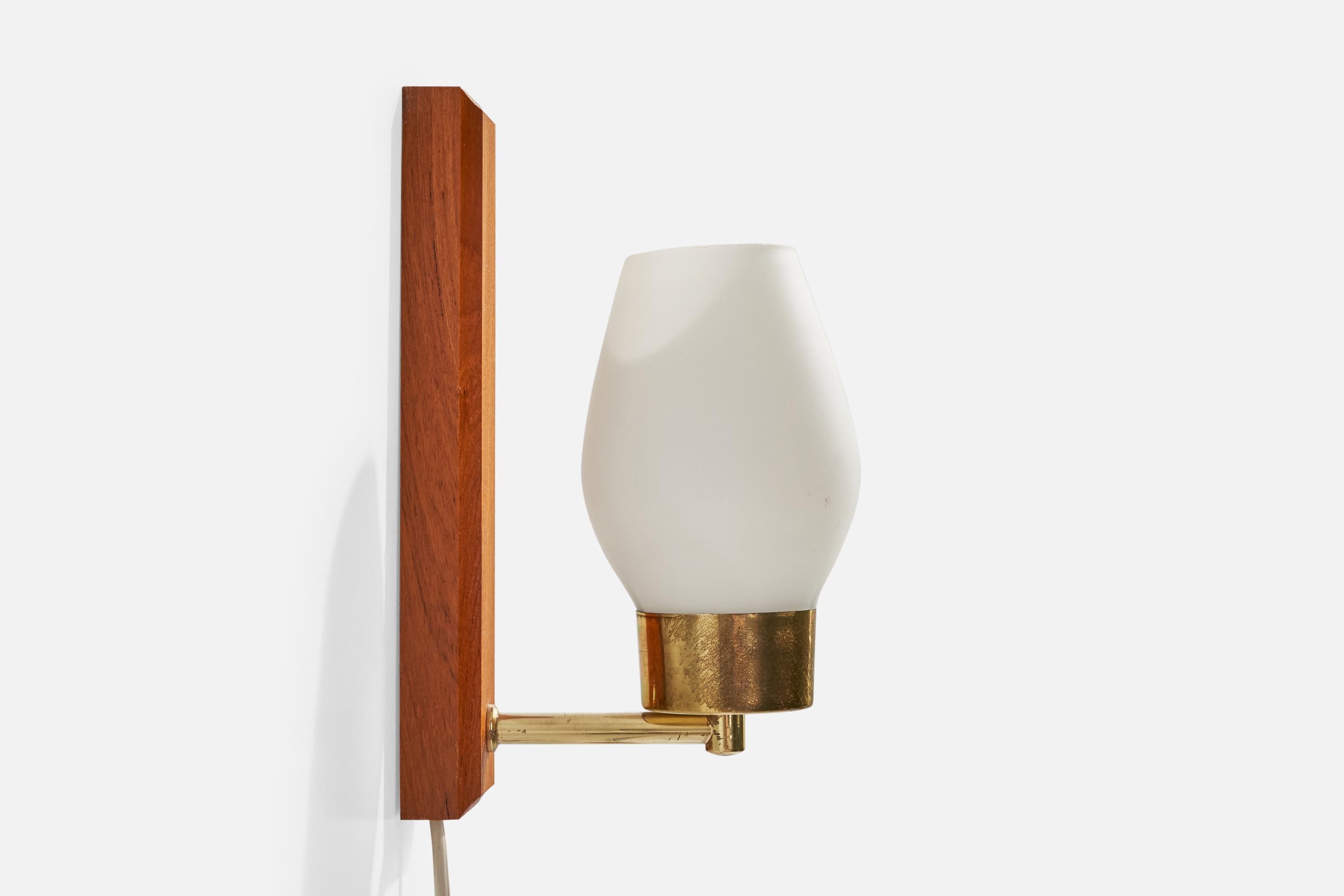 Mid-20th Century Swedish Designer, Wall Lights, Brass, Teak, Glass, Sweden, 1950s For Sale