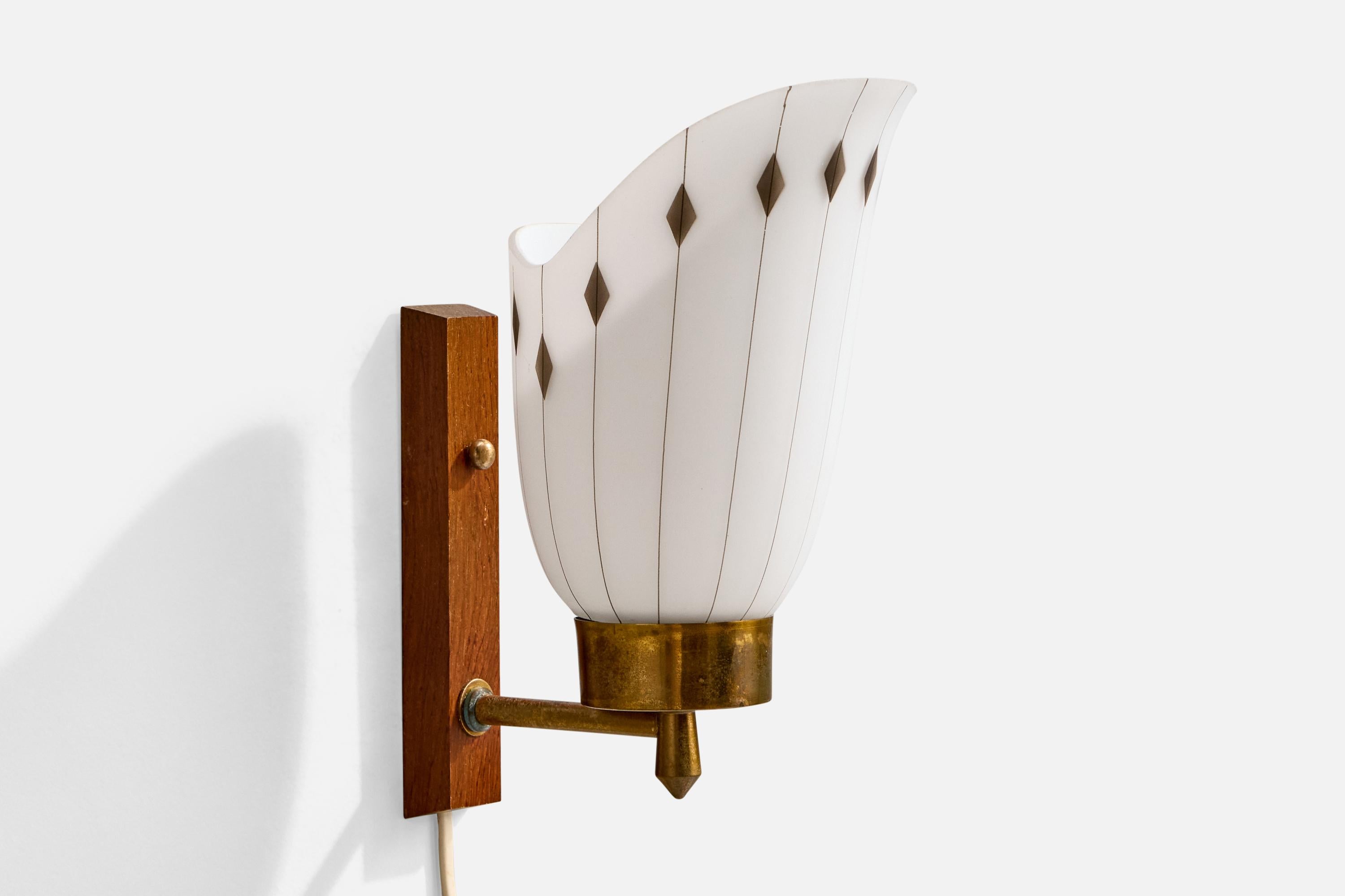 Mid-20th Century Swedish Designer, Wall Lights, Brass, Teak, Glass, Sweden, 1950s For Sale
