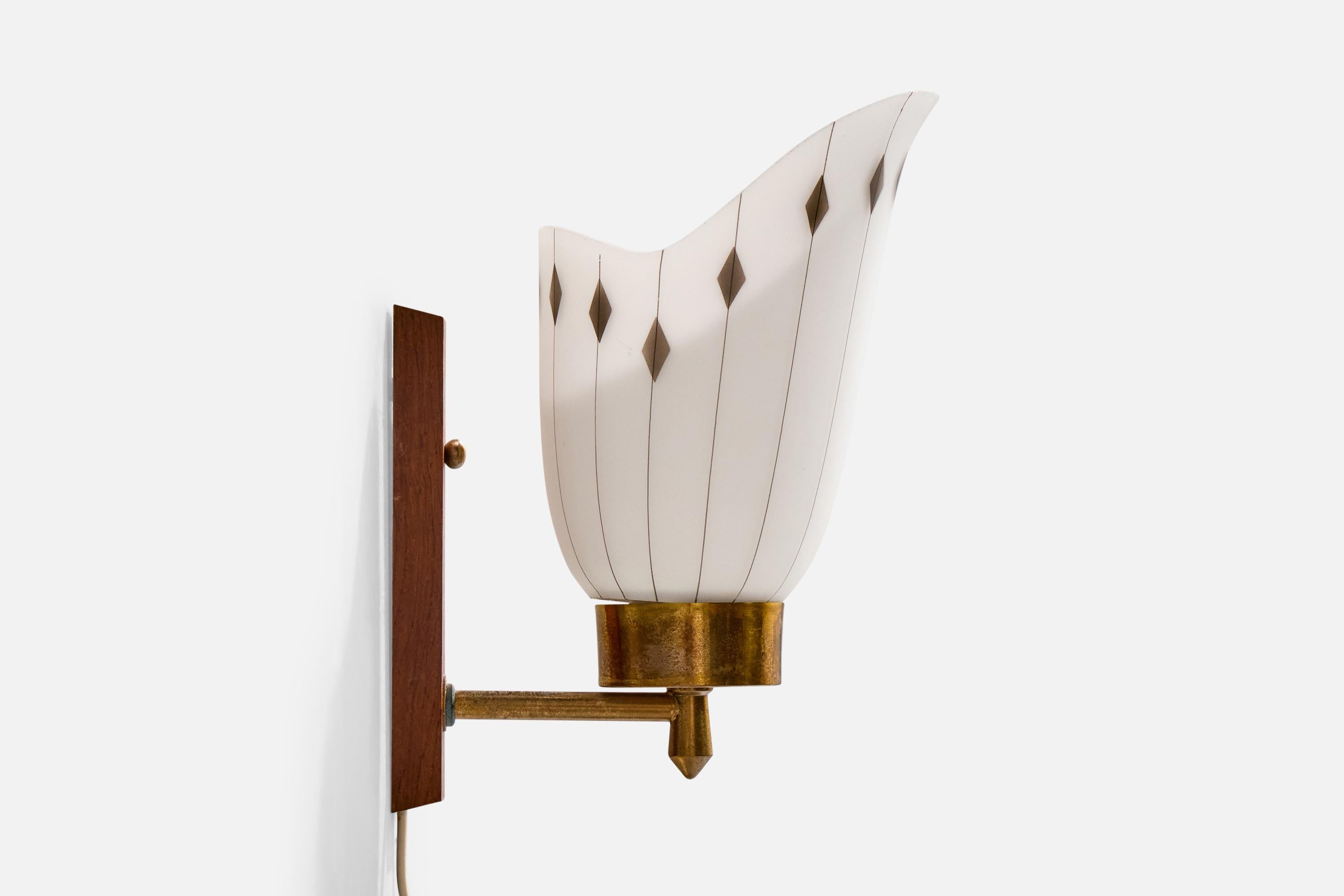 Swedish Designer, Wall Lights, Brass, Teak, Glass, Sweden, 1950s For Sale 1