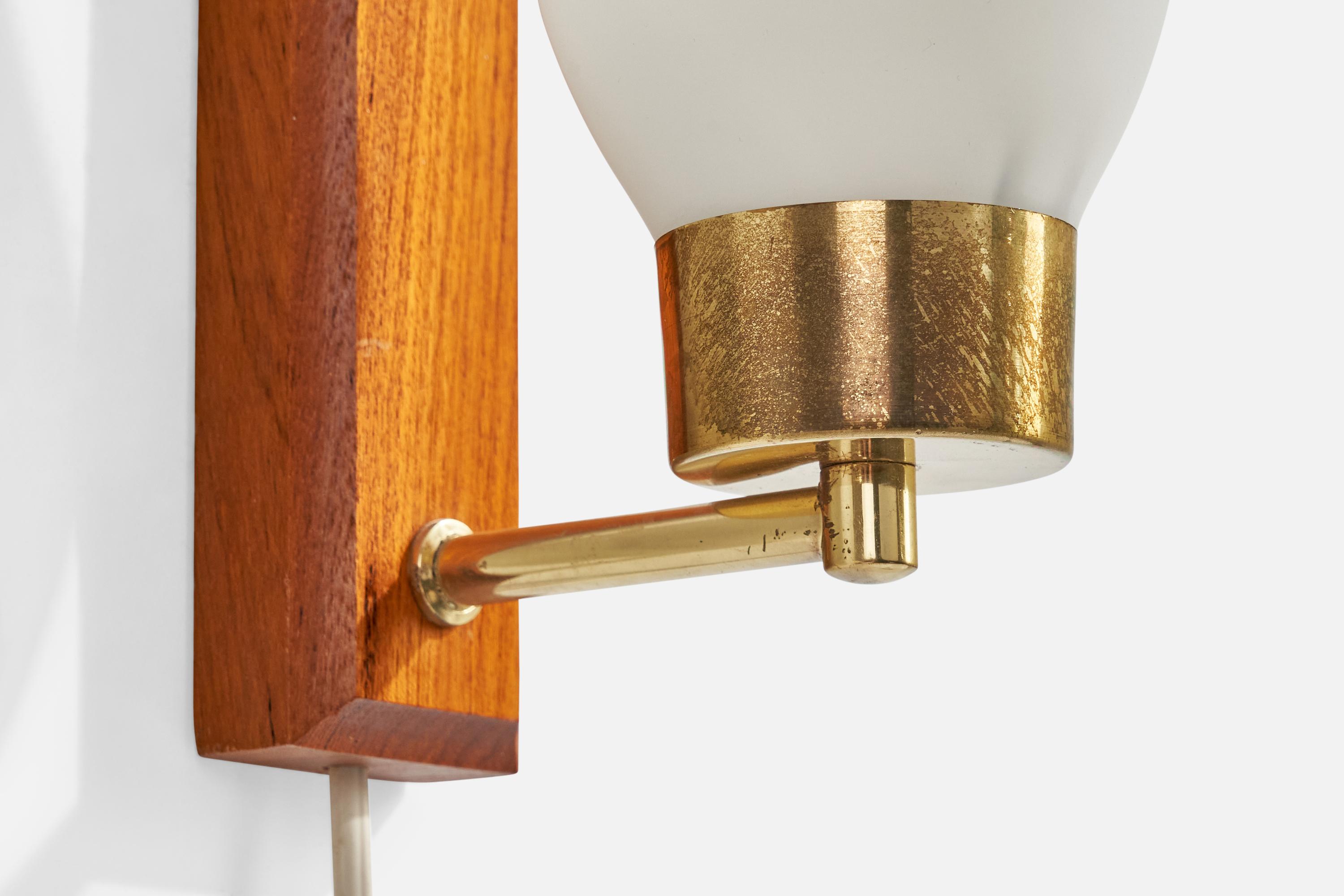 Swedish Designer, Wall Lights, Brass, Teak, Glass, Sweden, 1950s For Sale 2