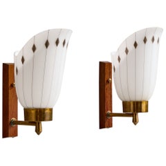 Swedish Designer, Wall Lights, Brass, Teak, Glass, Sweden, 1950s