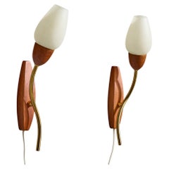 Swedish Designer, Wall Lights, Brass, Teak, Glass, Sweden, 1950s