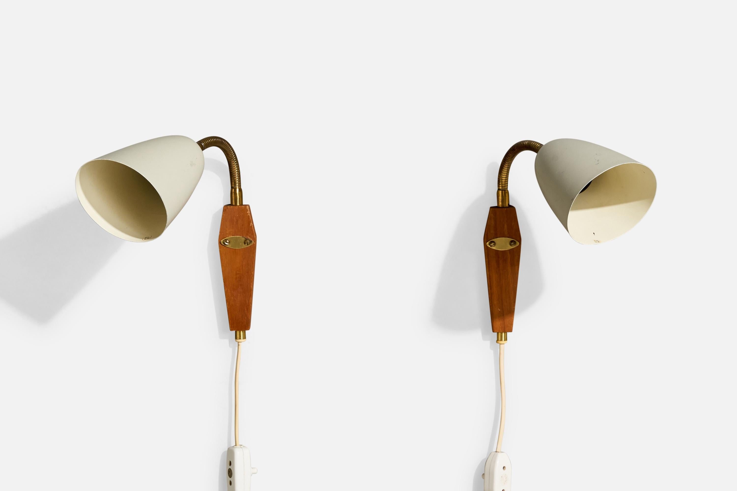 Mid-Century Modern Swedish Designer, Wall Lights, Brass, Teak, Metal, Sweden, 1950s