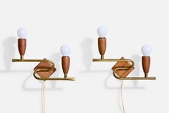 Swedish Designer, Wall Lights, Brass, Teak, Sweden, 1950s