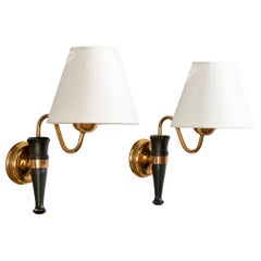 Swedish Designer, Wall Lights, Brass, Wood, Fabric, Sweden, 1940s