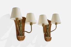 Swedish Designer, Wall Lights, Brass, Wood, Fabric, Sweden, 1950s