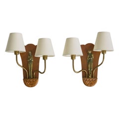 Swedish Designer, Wall Lights, Brass, Wood, Fabric, Sweden, 1950s