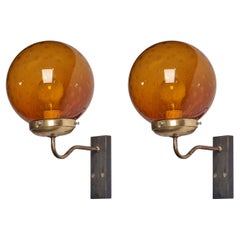 Swedish Designer, Wall Lights, Brass, Wood, Glass, Sweden, 1970s