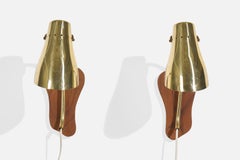 Swedish Designer, Wall Lights, Brass, Wood, Sweden, 1950s