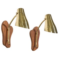 Swedish Designer, Wall Lights, Brass, Wood, Sweden, 1950s