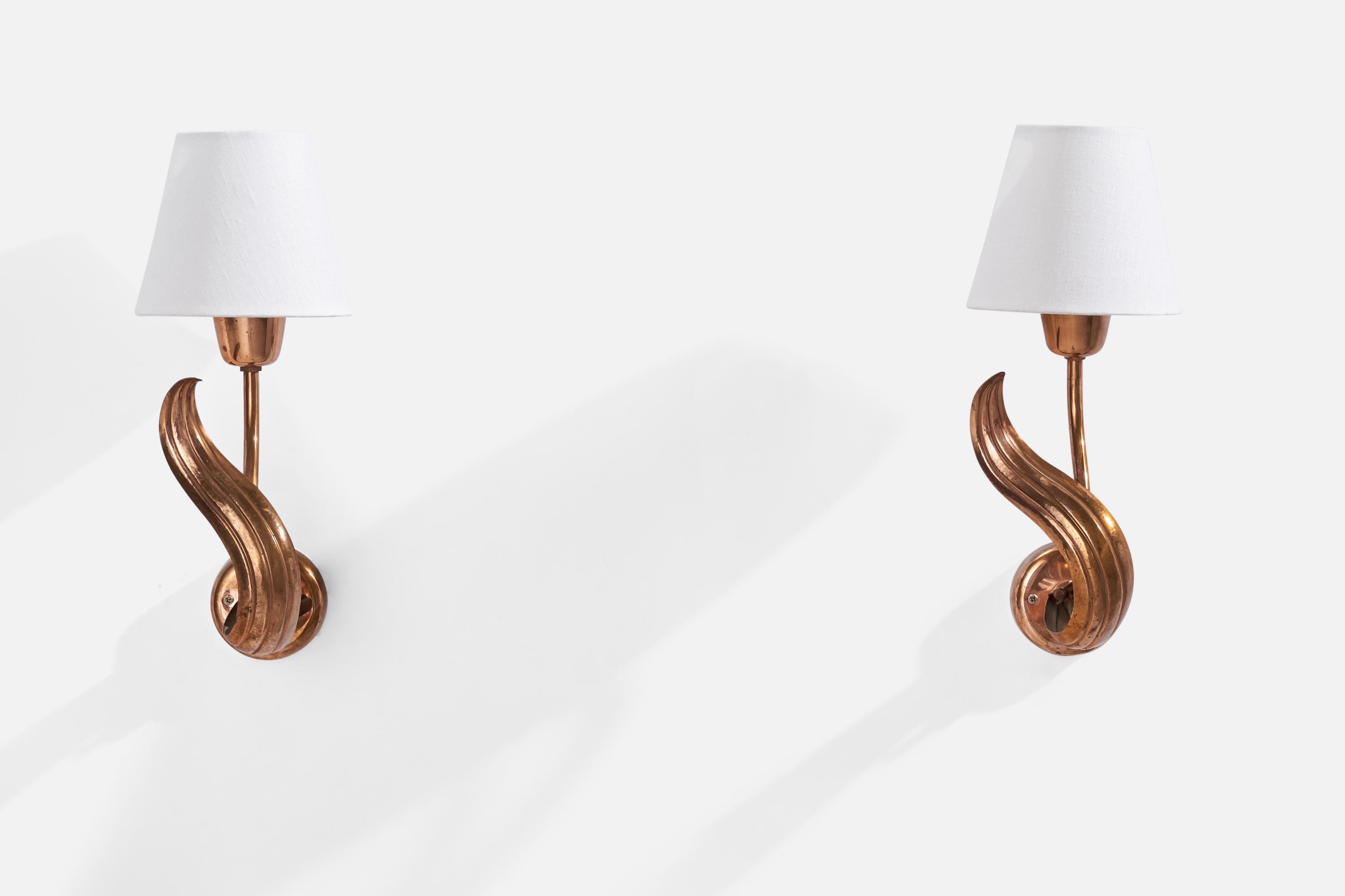 Scandinavian Modern Swedish Designer, Wall Lights, Copper, Fabric, Sweden, 1940s For Sale