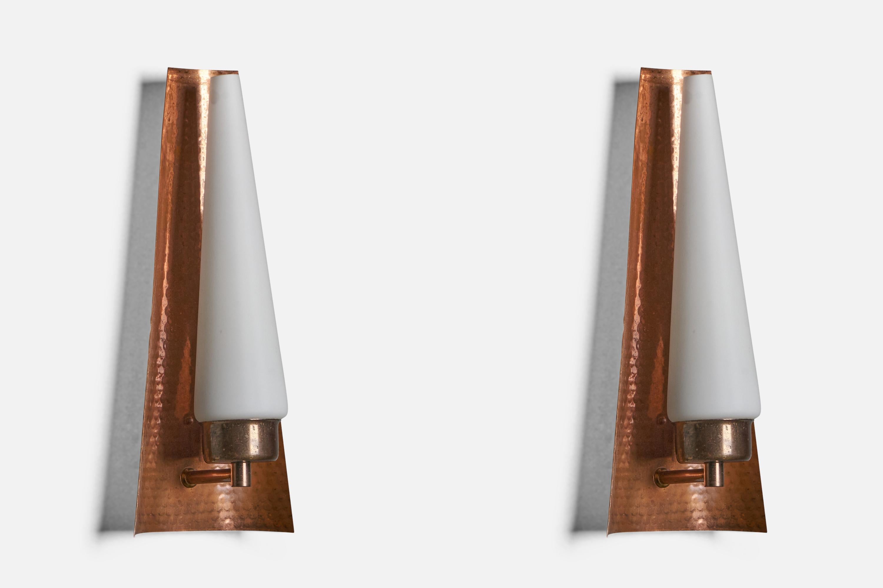 A pair of copper and opaline glass wall lights, designed and produced in Sweden, c. 1950s

Overall Dimensions (inches): 12.75