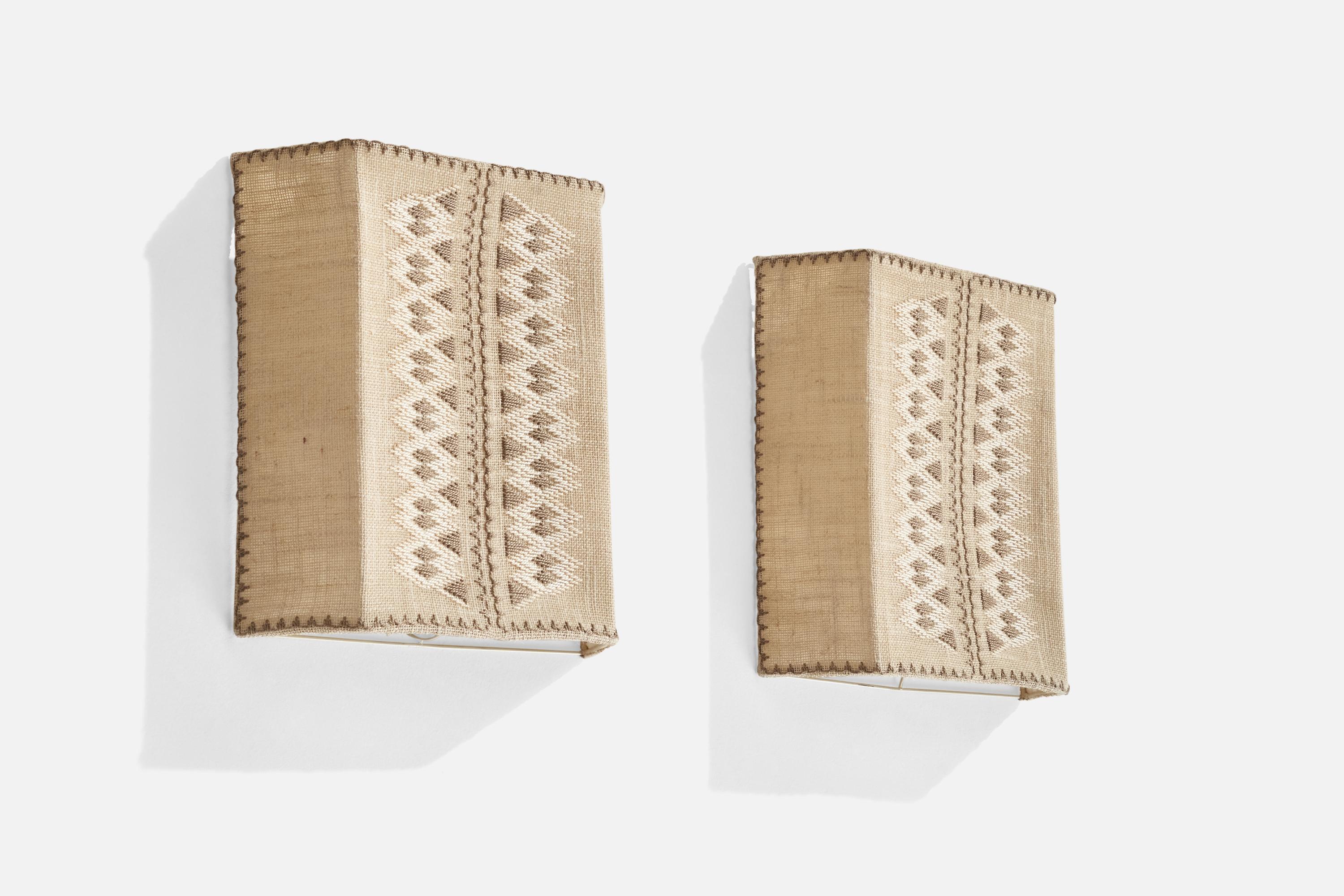 A pair of hand-embroidered fabric wall lights designed and produced in Sweden, c. 1950s.

Overall Dimensions (inches): 13.75” H x 12” W x 4” D
Back Plate Dimensions (inches):N/A
Bulb Specifications: E-14 Bulb
Number of Sockets: 2
All lighting will