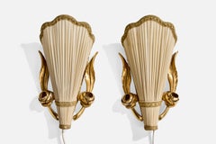 Swedish Designer, Wall Lights, Fabric, Wood, Sweden, 1930s