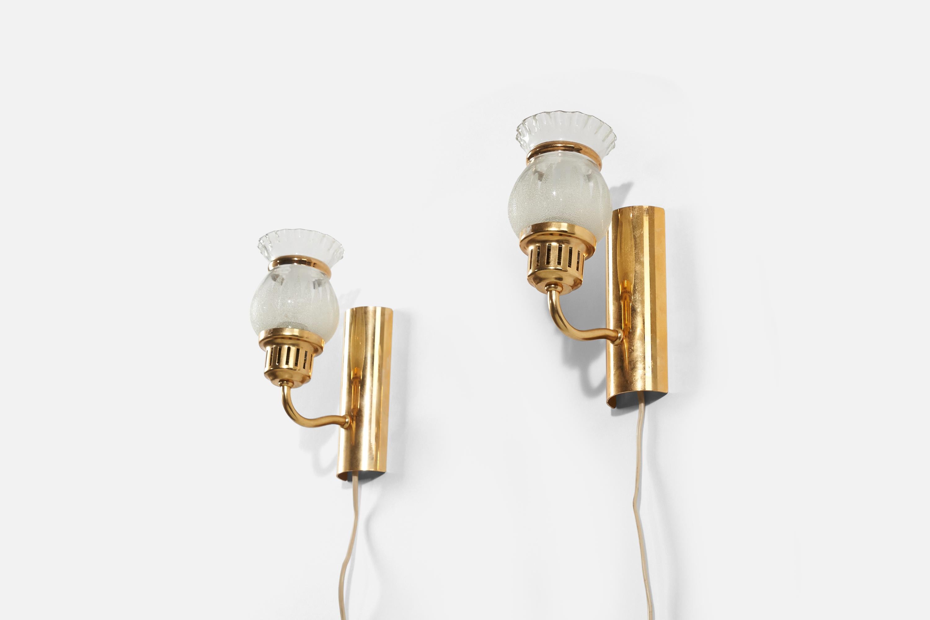 Mid-Century Modern Swedish Designer, Wall Lights, Glass, Brass, Metal, Sweden, 1970s For Sale
