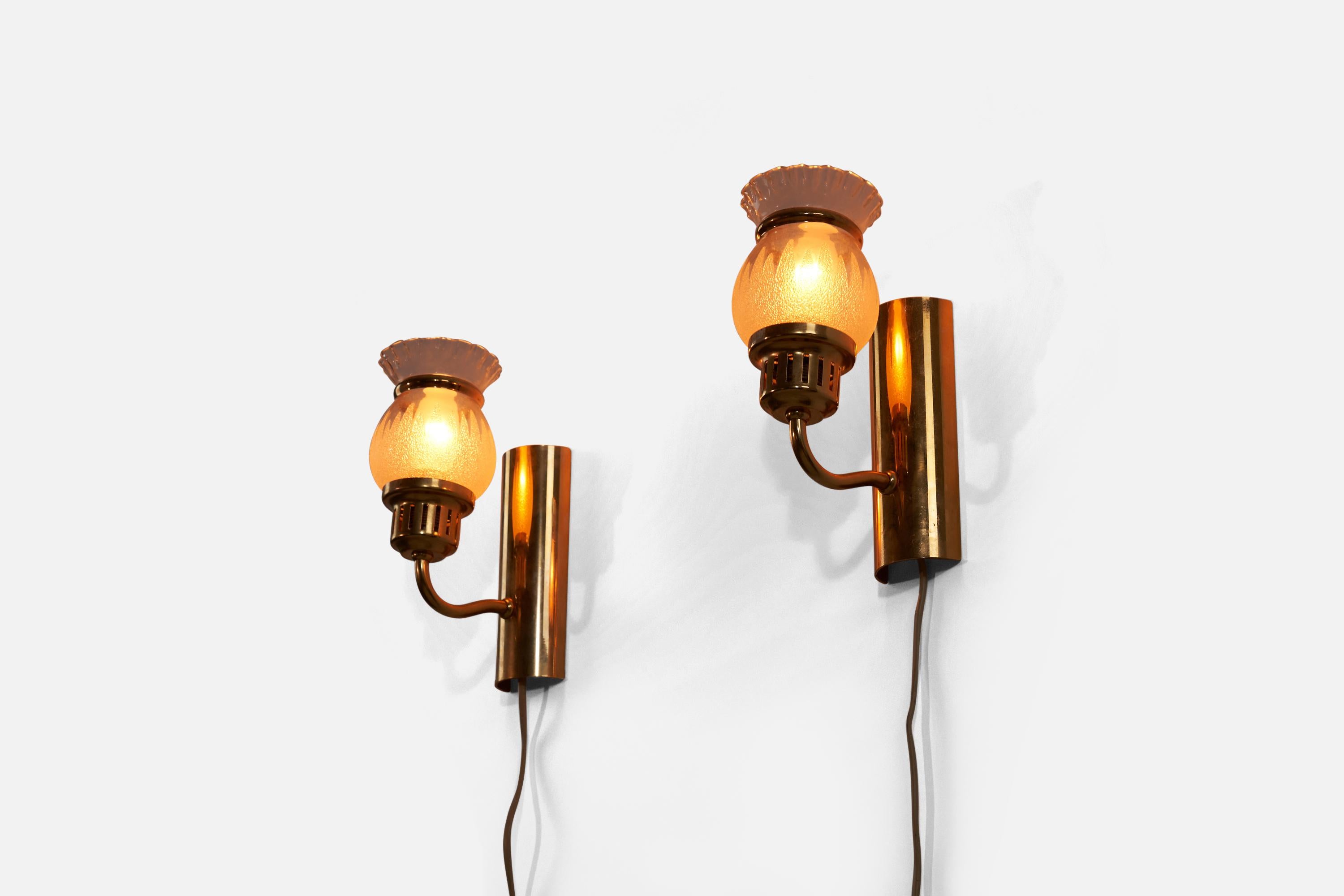 Swedish Designer, Wall Lights, Glass, Brass, Metal, Sweden, 1970s For Sale 1