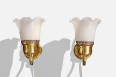 Swedish Designer, Wall Lights, Glass, Brass, Sweden, 1960s