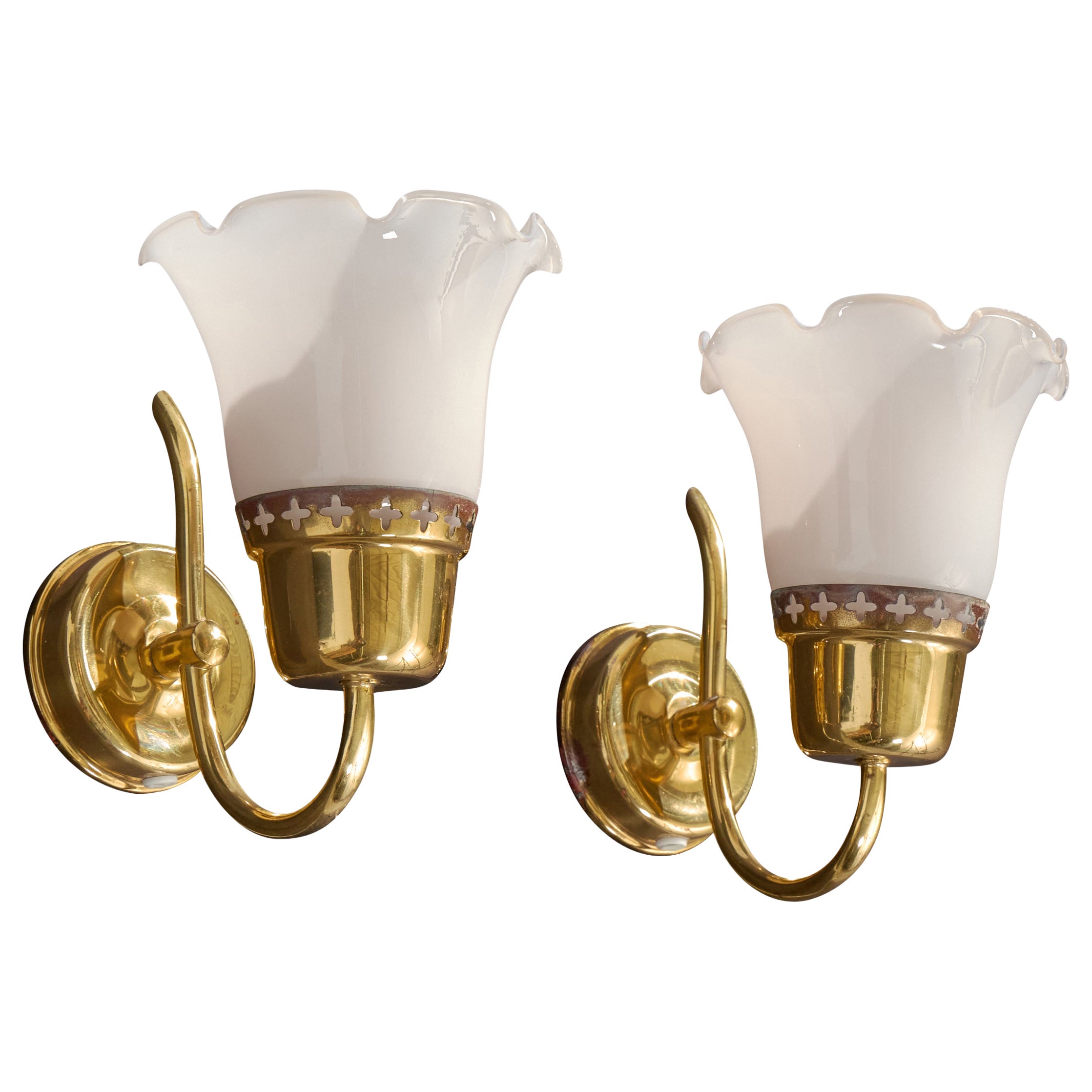 Swedish Designer, Wall Lights, Glass, Brass, Sweden, 1960s