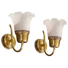Swedish Designer, Wall Lights, Glass, Brass, Sweden, 1960s