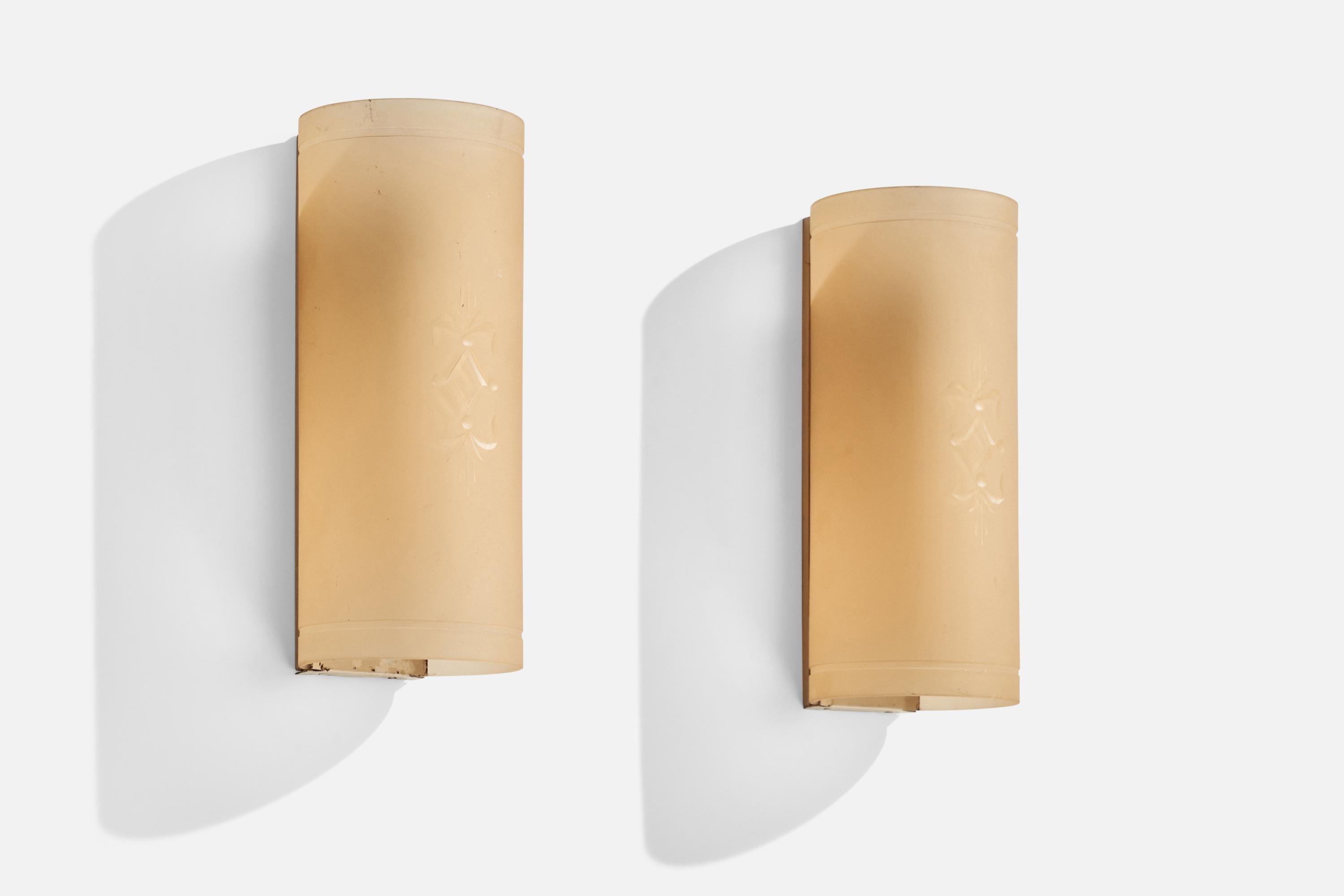 A pair of etched light orange glass and metal wall lights designed and produced in Sweden, c. 1930s.

Overall Dimensions (inches):  10.125” H x 4.5 ” W x  “D
Back Plate Dimensions (Inches):  10.125” H x 2.5” W x .375” D
Bulb Specifications: E-26