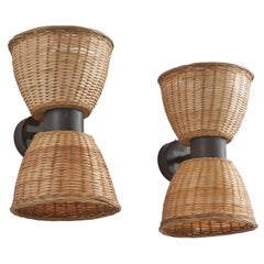 Vintage Swedish Designer, Wall Lights, Metal, Rattan, Sweden, 1960s