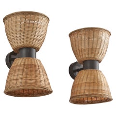 Vintage Swedish Designer, Wall Lights, Metal, Rattan, Sweden, 1960s