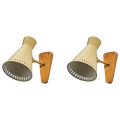 Swedish Designer, Wall Lights, Oak, Brass, Metal, Sweden, 1950s