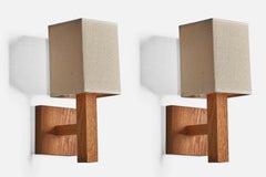 Swedish Designer, Wall Lights, Oak, Fabric, Sweden, 1980s
