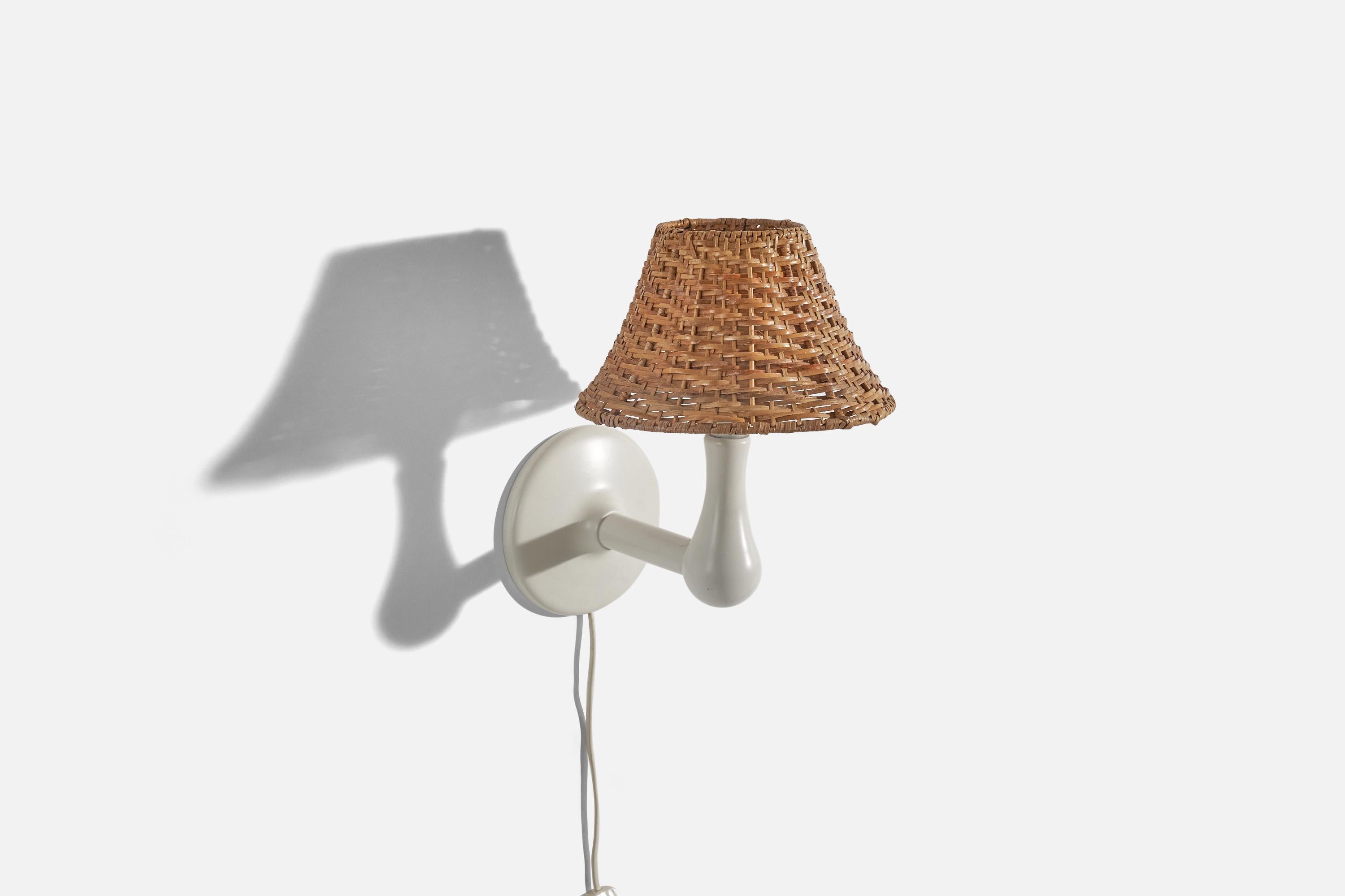 Late 20th Century Swedish Designer, Wall Lights, Painted Pine, Rattan, Sweden, c. 1970s For Sale