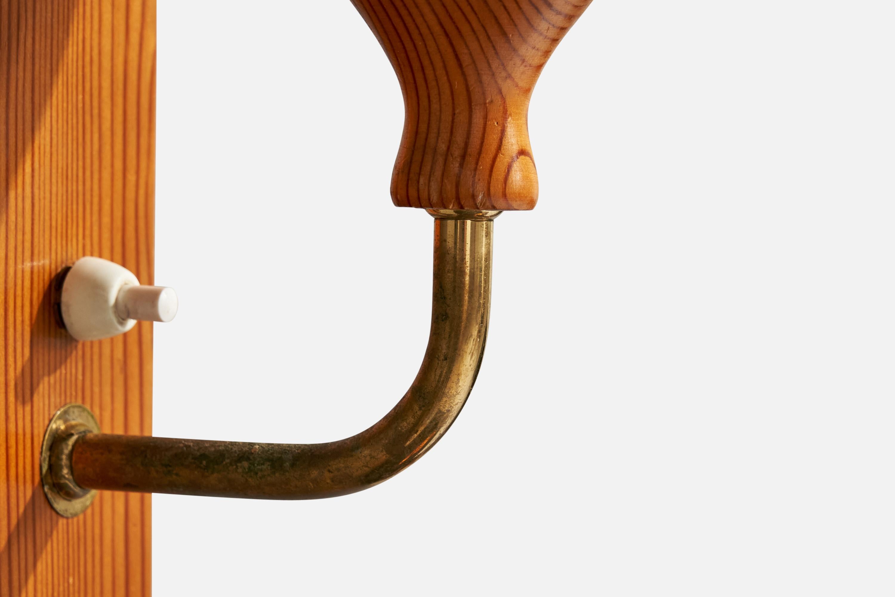 Swedish Designer, Wall Lights, Pine, Brass, Glass, Sweden, 1950s For Sale 1