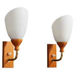 Swedish Designer, Wall Lights, Pine, Brass, Glass, Sweden, 1950s