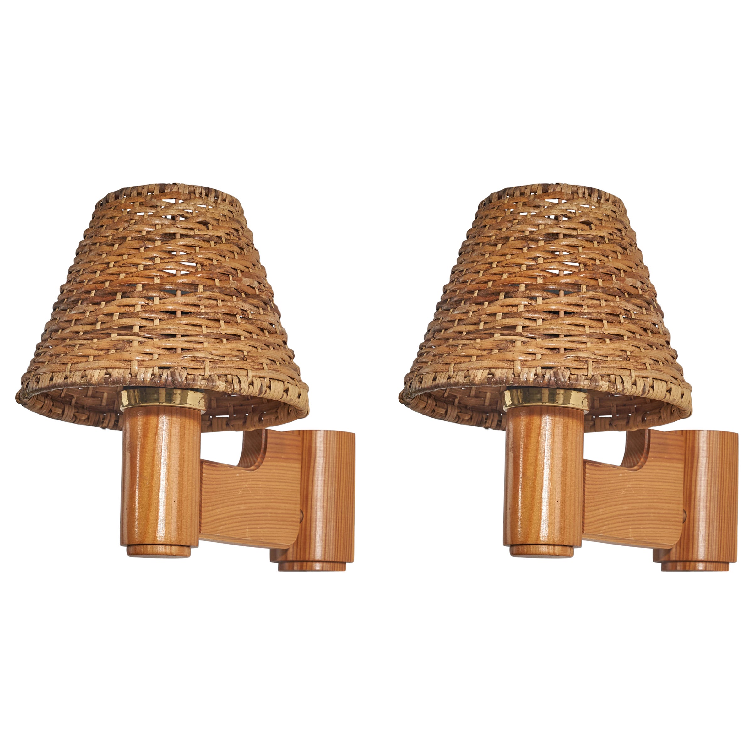 Swedish Designer, Wall Lights, Pine, Brass, Rattan, Sweden, 1960s For Sale