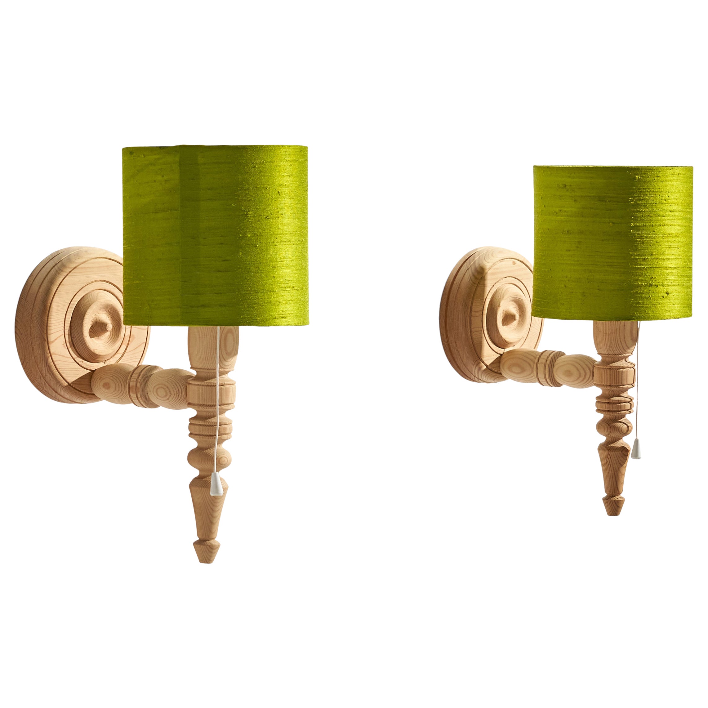 Swedish Designer, Wall Lights, Pine, Fabric, Sweden, 1960s For Sale