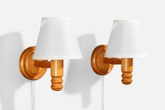 Schwedischer Designer, Wall Lights, Kiefer, Stoff, Schweden, 1970er